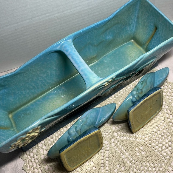 1948 Roseville Wincraft Blue Pottery Set Window Box Planter Candlesticks Vintage - Picture 15 of 17